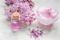Lilac natural cosmetic set for spa with cream stone table background