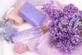 Lilac nature cosmetics, handmade preparation of essential oils, perfume, creams, soaps from fresh and lilac flowers Royalty Free Stock Photo