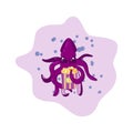 Lilac octopus that eats popcorn on a pink background