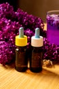 lilac oil in small bottles. selective focus Royalty Free Stock Photo