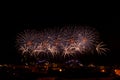 Lilac and orange fireworks in a night sky