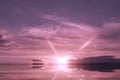 Lilac Pink gold orange sunset reflection on sea water wave nature landscape cloudy sky sun beams