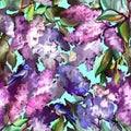 Lilac seamless floral pattern with bird. Branches of purple flowers blooming in spring. Painted with watercolor on a blue Royalty Free Stock Photo