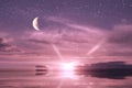 Lilac sunset reflection on sea water cloudy starry sky and moon seascape nature landscape Royalty Free Stock Photo