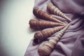 Lilac textile with shells closeup Royalty Free Stock Photo