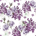 Lilac and violet roses seamless pattern.