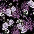 Lilac and violet roses seamless pattern. Spring tenderness background.