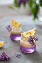 Lilac Vodka Shots drinks with vanilla liqour. Cocktail with Fresh lemon on gray concrete background with lilac flowers. Bar, Royalty Free Stock Photo