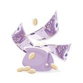 Lilac wallet. Euro bills, gold coins. Falling money isolated on white background. 500 Euro bill