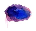Lilac watercolor spot with splashes and spots. Isolated violet spot on a white background