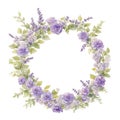 lilac wreath with lavender and roses in retro style on a white background