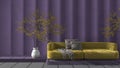 Liliac and yellow concrete molded plaster wall in modern luxury living room with sofa and potted tree. Cozy background with copy