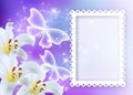 Lilies blossom with butterflies and photo frame Royalty Free Stock Photo