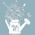 Lilies and chrysanthemums in a jar of water. watering can. Vector illustration. Paper flower, stickers. Laser cut. Template for