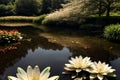 Lilies floating in the air above a serene pond