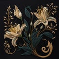 Lilies flowers. Embroidered gold 3d lily flowers, leaves. Embroidery floral vector background illustration. Tapestry beautiful