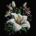 Lilies flowers. Embroidered white lily flower, buds, leaves. Embroidery floral vector background illustration with beautiful