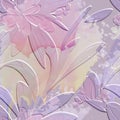 Lilies flowers textured 3d seamless pattern. Floral embossed watercolor pink background. Grunge dirty abstract colorful backdrop.