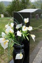 Lilies in Gravestone Vase