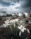 Lilies swaying in the breeze from within the discarded tanks the only movement in this desolate land. Abandoned