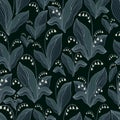 Lilies of the valley seamless pattern. Decorative white gray  flowers, isolated on black background Royalty Free Stock Photo