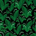 Lilies of the valley seamless pattern. Elegant floral pattern isolated on black background