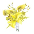 Lilies Yellow flower, calla lilies, craspedia, Solidago bouquet isolated on white background. Watercolor hand drawn Royalty Free Stock Photo