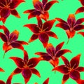 Lilium flower watercolor seamless pattern. Bright tropical flowers isolated on green background.