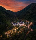 Lillafured, Hungary - Aerial view of the famous Lillafured Castle in the mountains of Bukk near Miskolc with colorful sunset sky