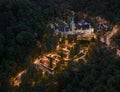 Lillafured, Hungary - Aerial view of the famous illuminated Lillafured Castle and garden in the mountains of Bukk