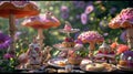 A Lilliputian tea party with dainty pastries and various teas all served on top of miniature mushrooms and flowers