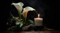 Lilly and burning candels in darkness Royalty Free Stock Photo