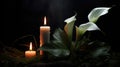 Lilly and burning candels in darkness Royalty Free Stock Photo
