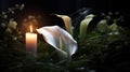 Lilly and burning candels in darkness Royalty Free Stock Photo