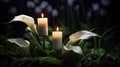 Lilly and burning candels in darkness Royalty Free Stock Photo