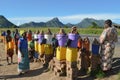 LILONGWE, MALAWI, AFRICA - MARCH 25, 2018: Four African women are smiling and selling potatos along the road to Dedza. Happy