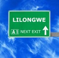 LILONGWE road sign against clear blue sky