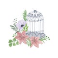 Lily, anemone flower, green leaves, bird cage, decorative floral arrangement hand drawn vintage style watercolor illustration for Royalty Free Stock Photo