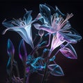 Lily bouquet. Shining magical neon flowers isolated on a black background