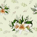 Lily bouquets and isolated elements seamless pattern