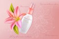 Lily cosmetics for face sensitive skin beauty vector illustration, facial skincare cream with beautiful pink lily