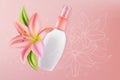 Lily cosmetics for face sensitive skin beauty vector illustration, facial skincare cream with beautiful pink lily