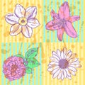 Lily, daisy and rose, narcissus sketch, seamless pattern