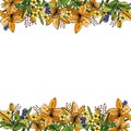 Frame of lilies, flowers and leaves. Two horizontal flower stripes. Royalty Free Stock Photo
