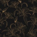 Lily flower seamless pattern on black background, Luxury gold lily floral