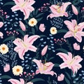 Lily flower seamless pattern on blue background with floral, Pink lily floral Royalty Free Stock Photo