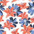 Lily flower seamless pattern on white background with blue leaves, Orange lily floral Royalty Free Stock Photo