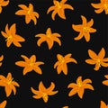 Lily Flowers Seamless Background. Orange Lilies Icons on Black Back. Vector Royalty Free Stock Photo