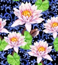 Lily flowers, waterlily, ethnic decorative ornament. Seamless floral background. Watercolor