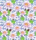 Lily flowers, waterlily, ornate oriental design. Seamless floral pattern. Water color